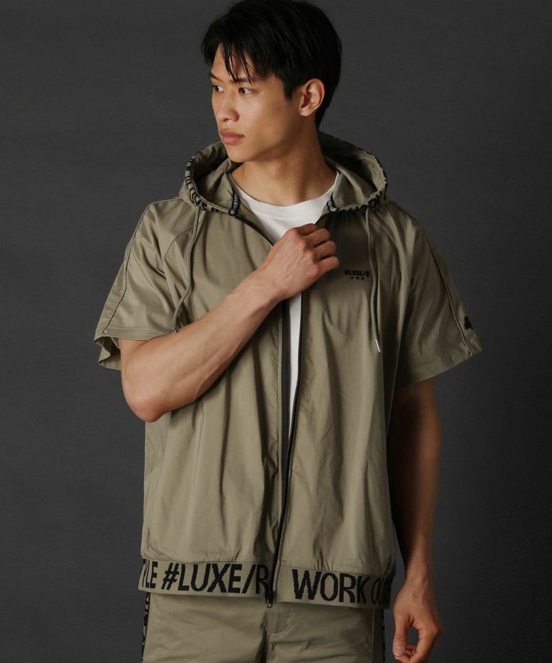 LUXE/R GOLF 袖プリント布帛ストレッチナイロントレーナー RM)【LUXE/R GOLF】ストレッチ ブロード バイカラー フード プル