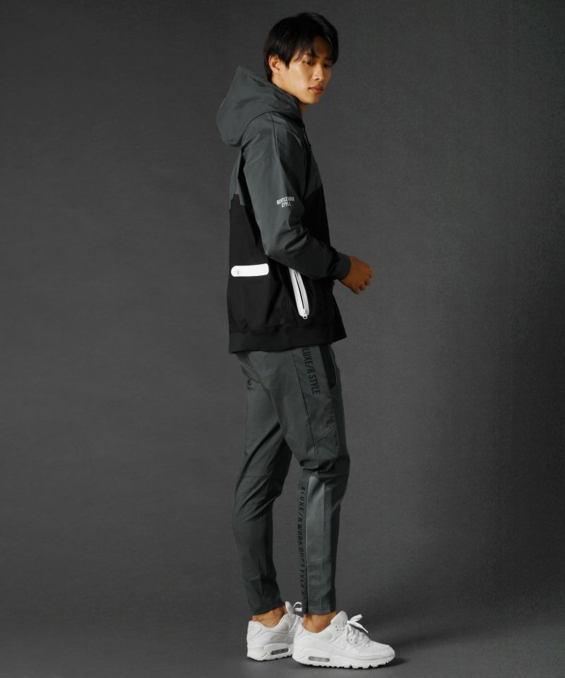 撥水ストレッチ布帛止水ジップバイカラー長袖プルパーカー | REZES