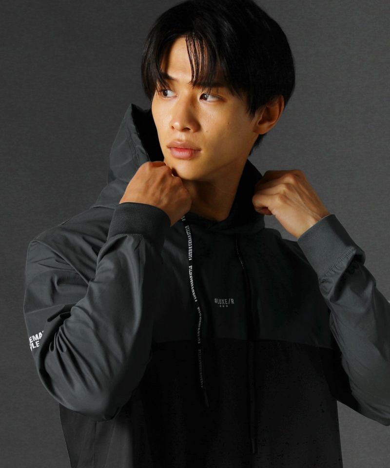 撥水ストレッチ布帛止水ジップバイカラー長袖プルパーカー | REZES