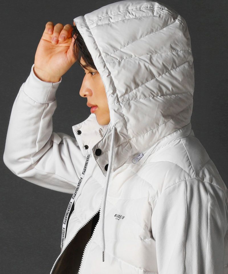 高密度タフタ×裏起毛ストレッチジャージフードダウンジャケット