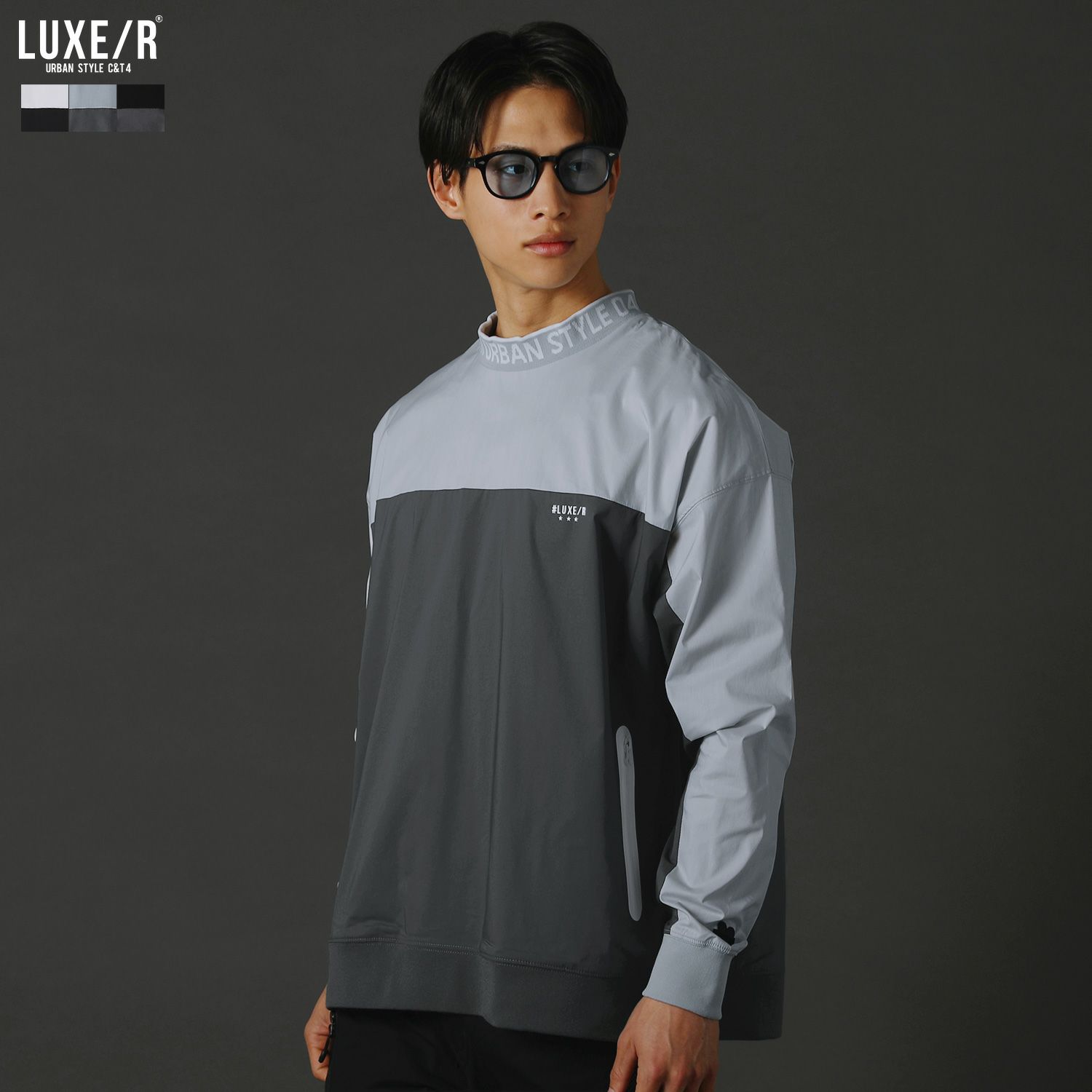 撥水加工ストレッチ布帛止水ZIPバイカラーハイネック長袖プルオーバー