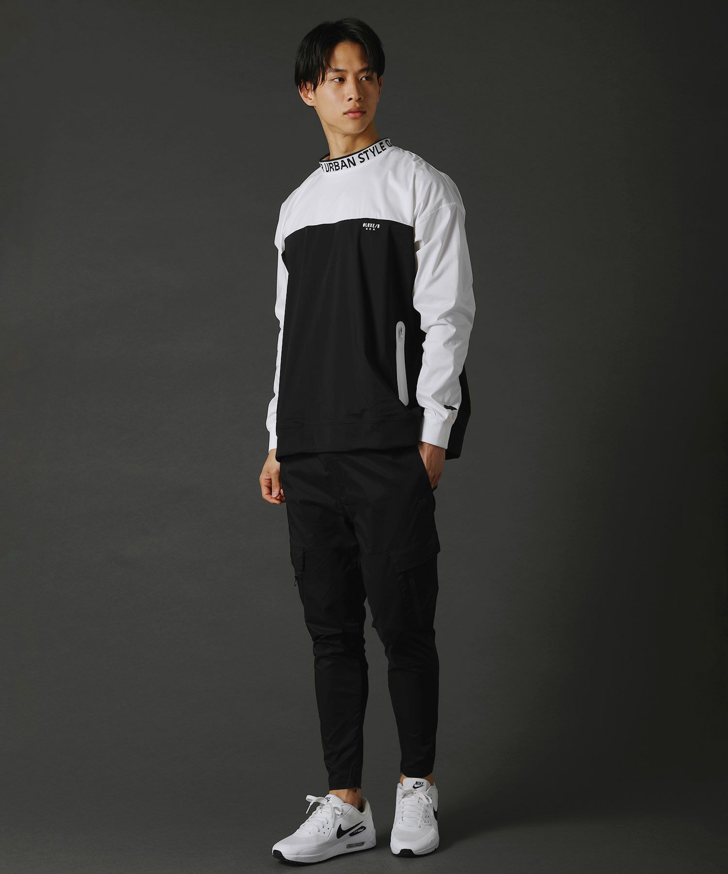 撥水加工ストレッチ布帛止水ZIPバイカラーハイネック長袖プルオーバー