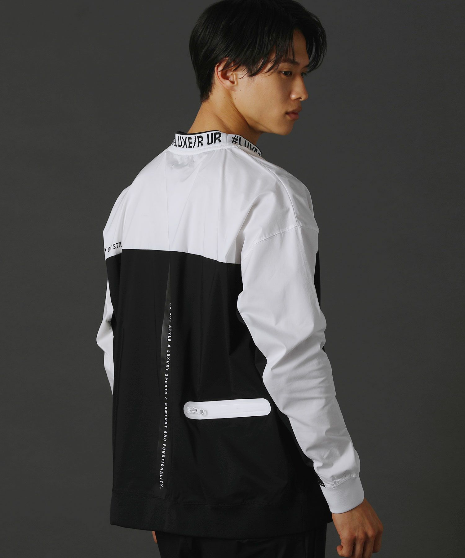 撥水加工ストレッチ布帛止水ZIPバイカラーハイネック長袖プルオーバー