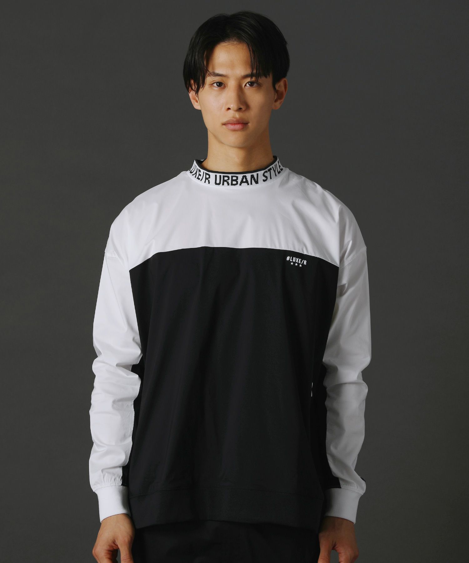 撥水加工ストレッチ布帛止水ZIPバイカラーハイネック長袖プルオーバー