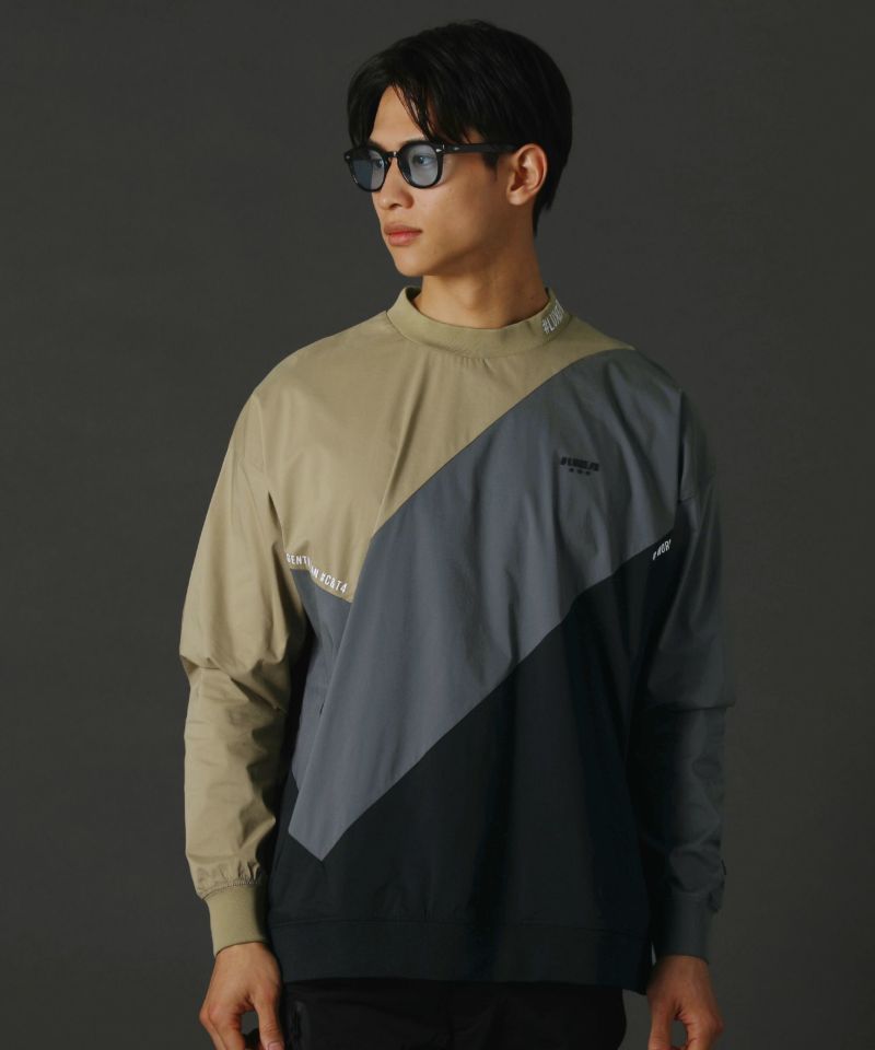 撥水加工ストレッチ布帛Diagonal Color Scheme止水ZIPプルオーバー