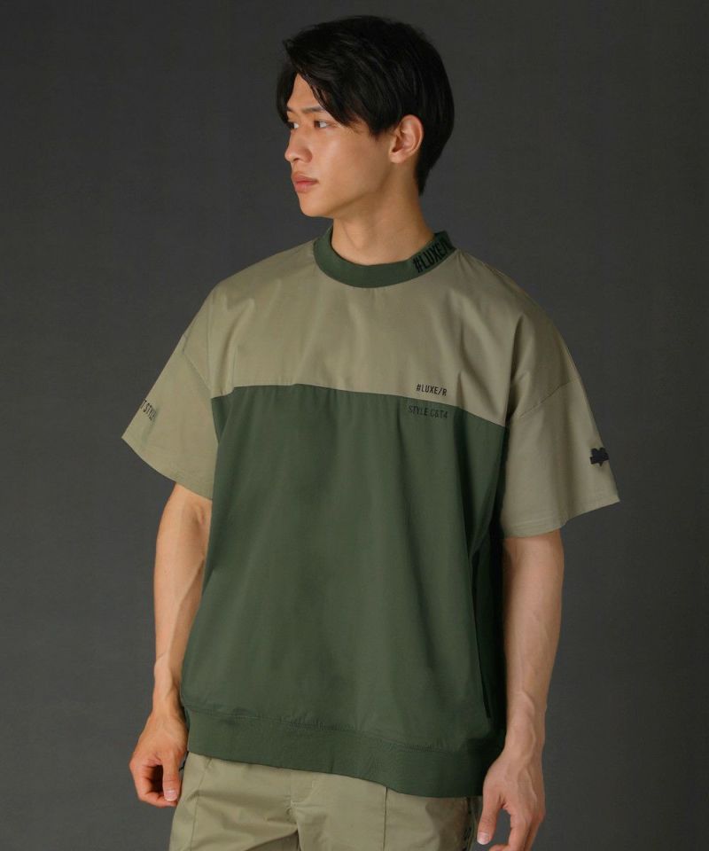 撥水加工コットンナイロンストレッチ布帛バイカラー半袖止水ジッププル